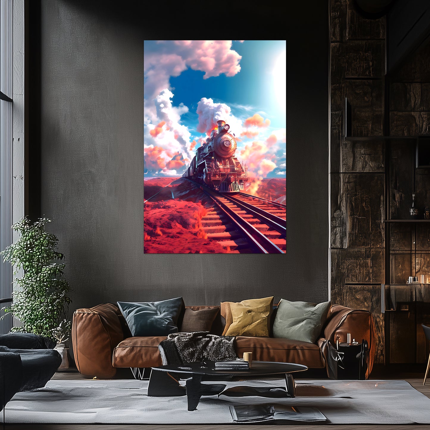 Steampunk Train Poster – Sunfire Skyliner | Awe-Inspiring Wall Art for Sci-Fi & Fantasy Train Enthusiasts | Unique and Exclusive Artwork
