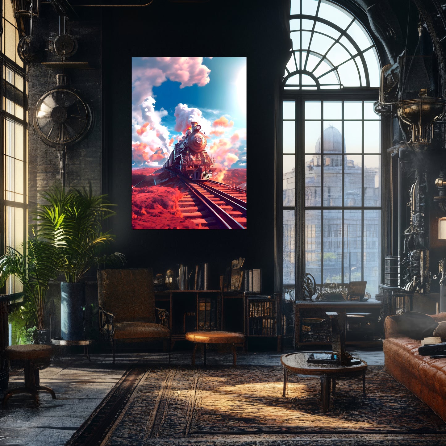 Steampunk Train Poster – Sunfire Skyliner | Awe-Inspiring Wall Art for Sci-Fi & Fantasy Train Enthusiasts | Unique and Exclusive Artwork