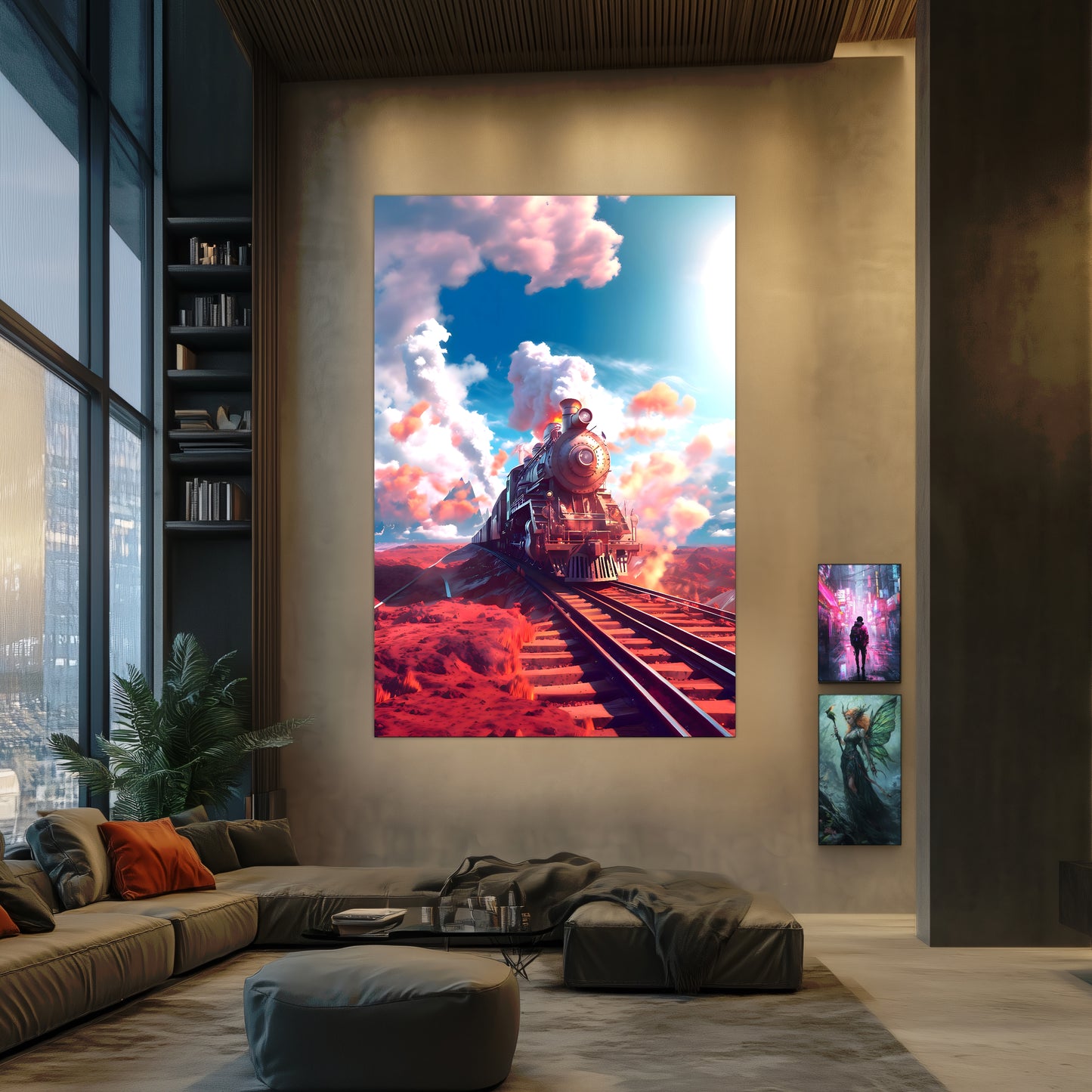 Steampunk Train Poster – Sunfire Skyliner | Awe-Inspiring Wall Art for Sci-Fi & Fantasy Train Enthusiasts | Unique and Exclusive Artwork