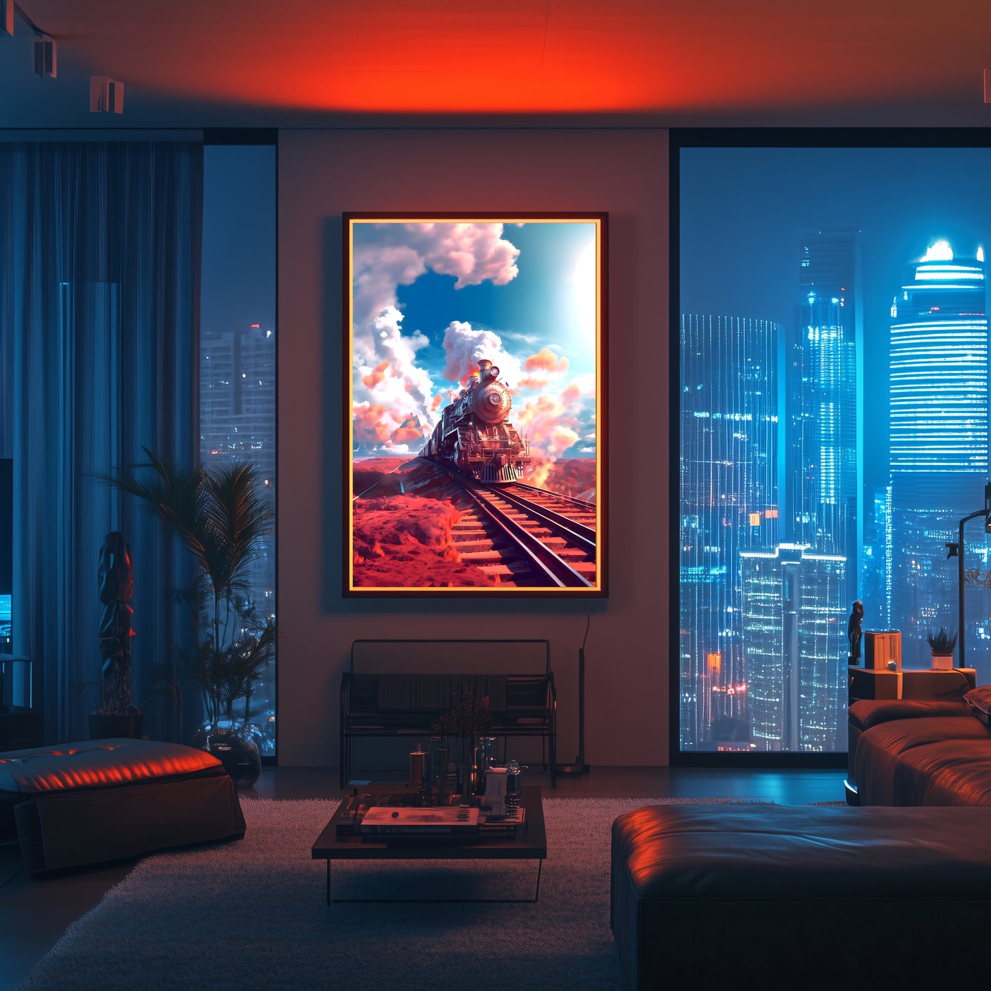 Steampunk Train Poster – Sunfire Skyliner | Awe-Inspiring Wall Art for Sci-Fi & Fantasy Train Enthusiasts | Unique and Exclusive Artwork