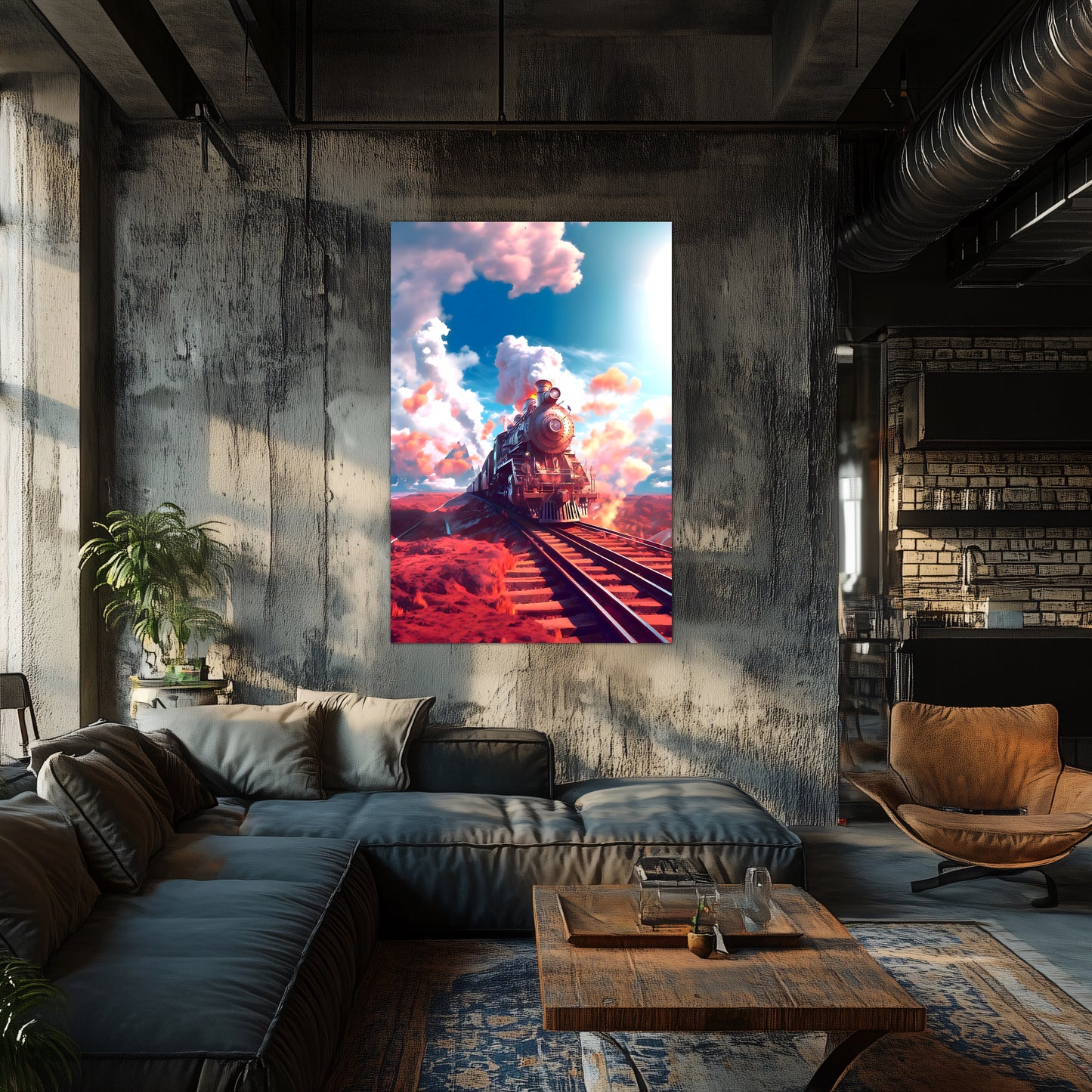 Steampunk Train Poster – Sunfire Skyliner | Awe-Inspiring Wall Art for Sci-Fi & Fantasy Train Enthusiasts | Unique and Exclusive Artwork