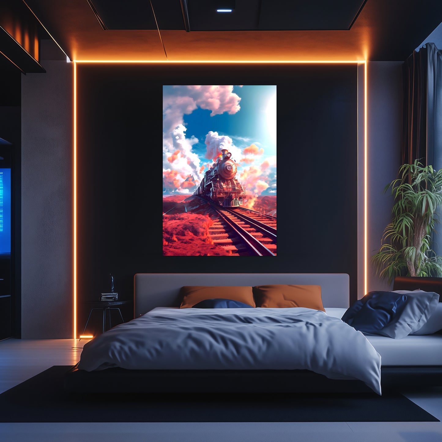 Steampunk Train Poster – Sunfire Skyliner | Awe-Inspiring Wall Art for Sci-Fi & Fantasy Train Enthusiasts | Unique and Exclusive Artwork
