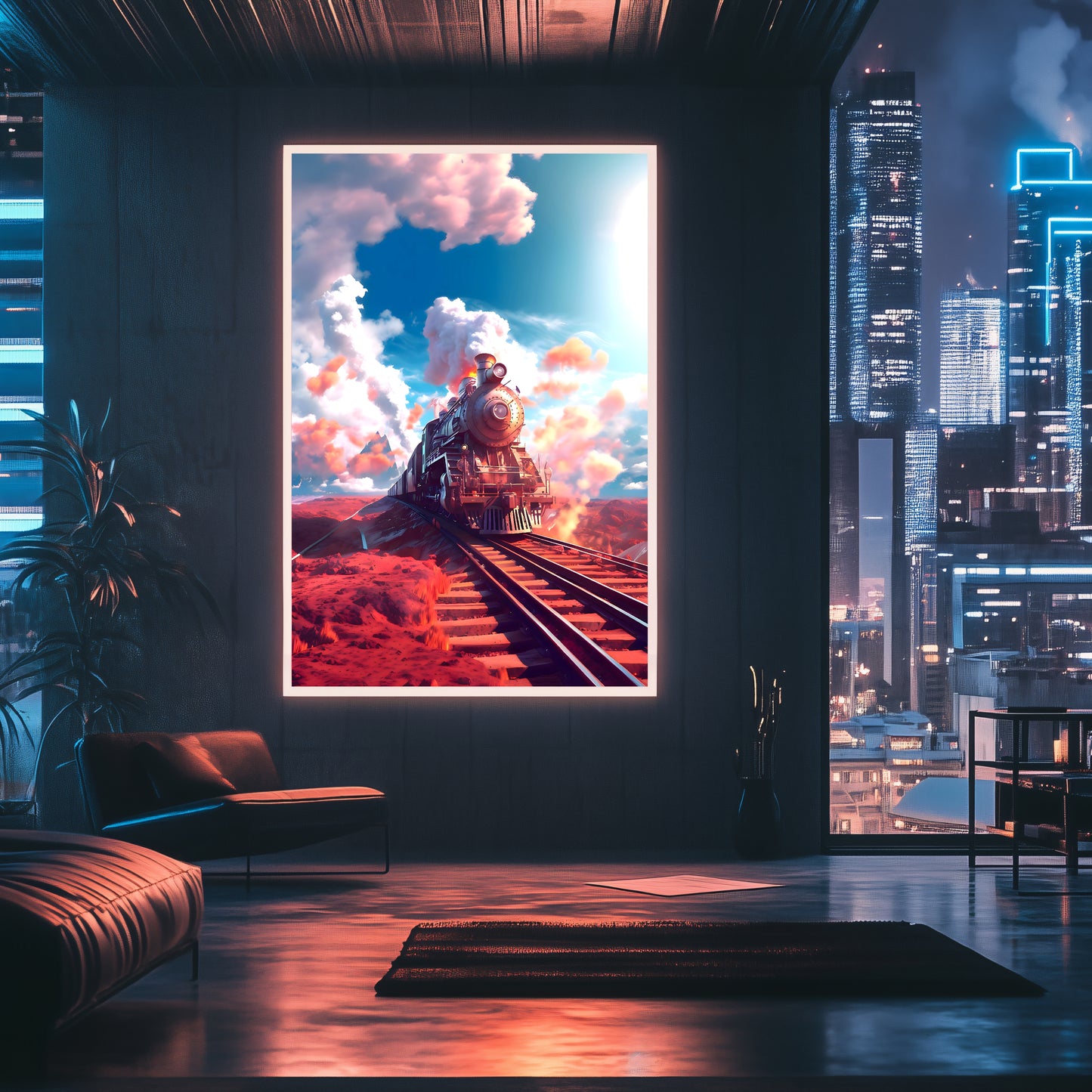 Steampunk Train Poster – Sunfire Skyliner | Awe-Inspiring Wall Art for Sci-Fi & Fantasy Train Enthusiasts | Unique and Exclusive Artwork