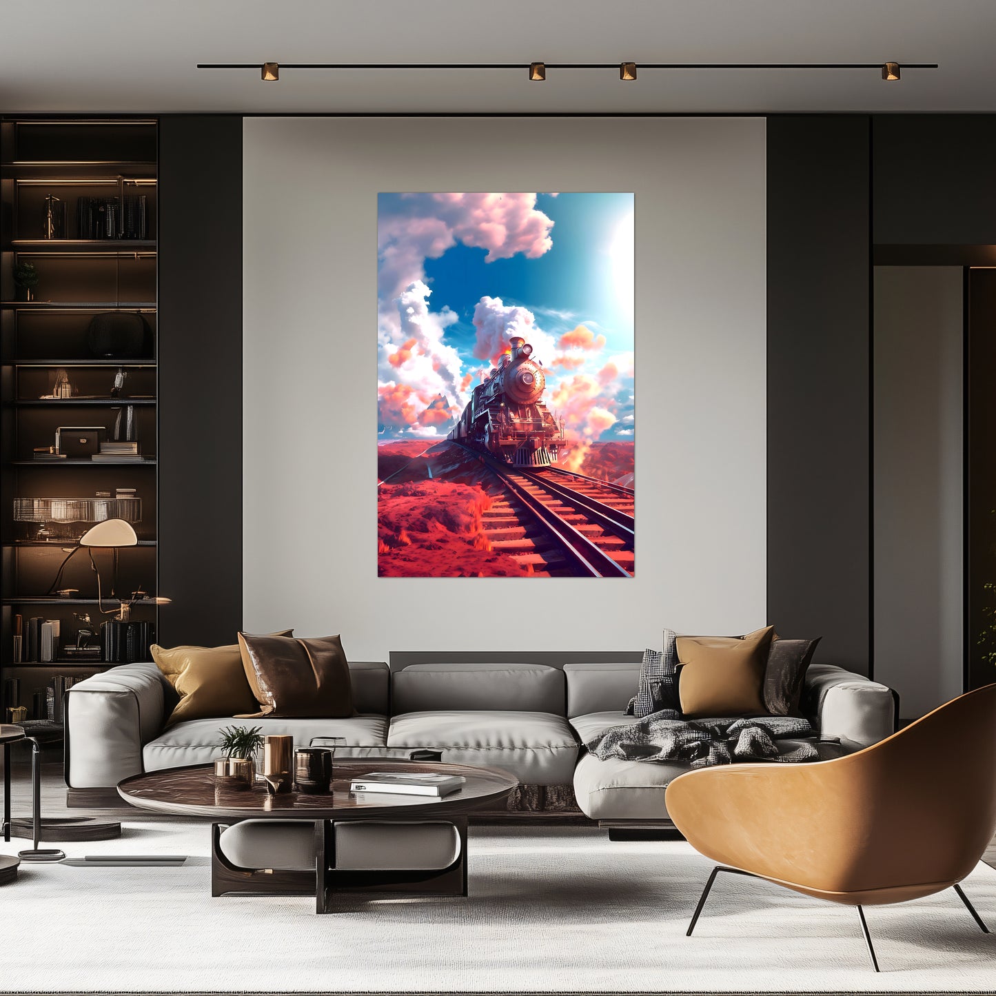 Steampunk Train Poster – Sunfire Skyliner | Awe-Inspiring Wall Art for Sci-Fi & Fantasy Train Enthusiasts | Unique and Exclusive Artwork