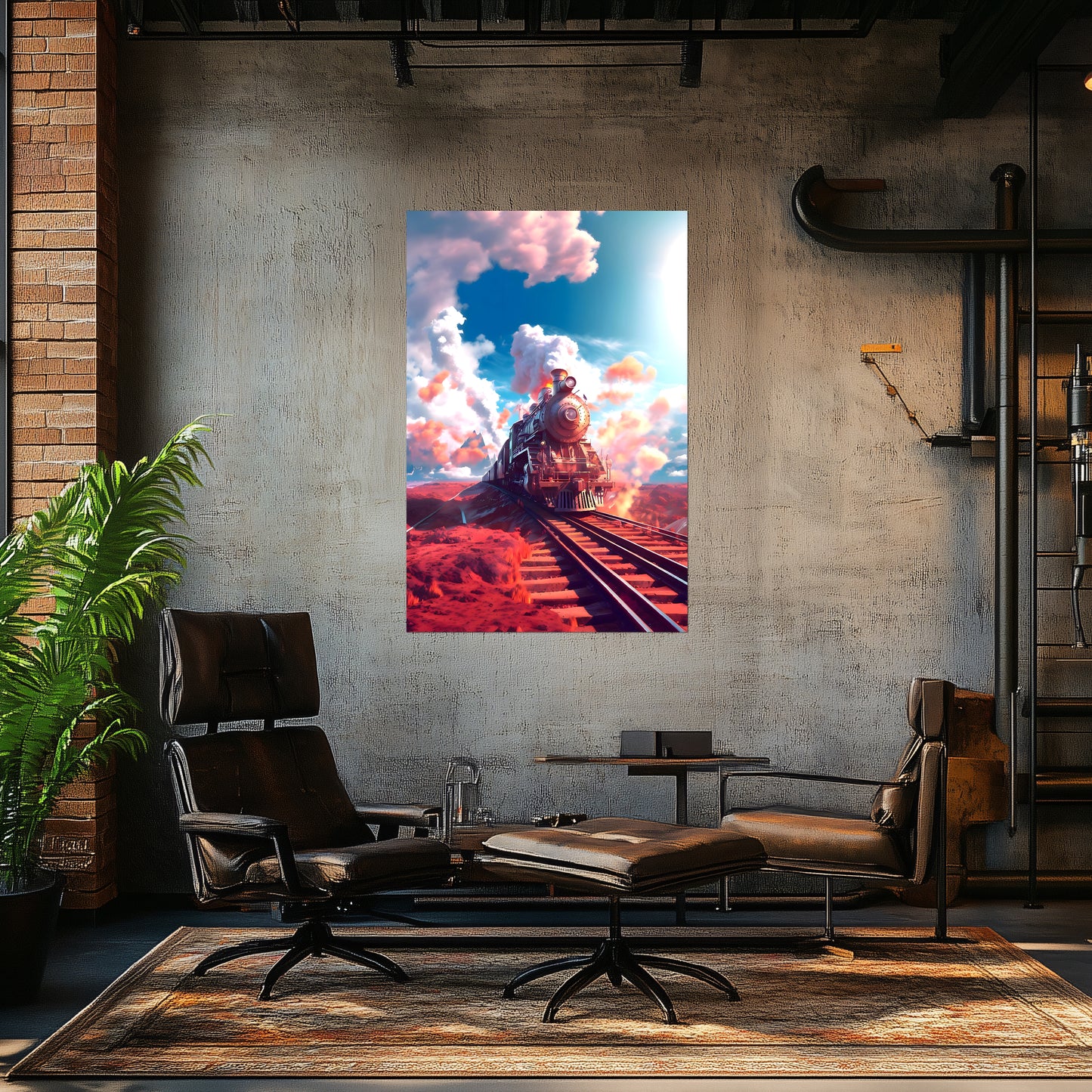 Steampunk Train Poster – Sunfire Skyliner | Awe-Inspiring Wall Art for Sci-Fi & Fantasy Train Enthusiasts | Unique and Exclusive Artwork