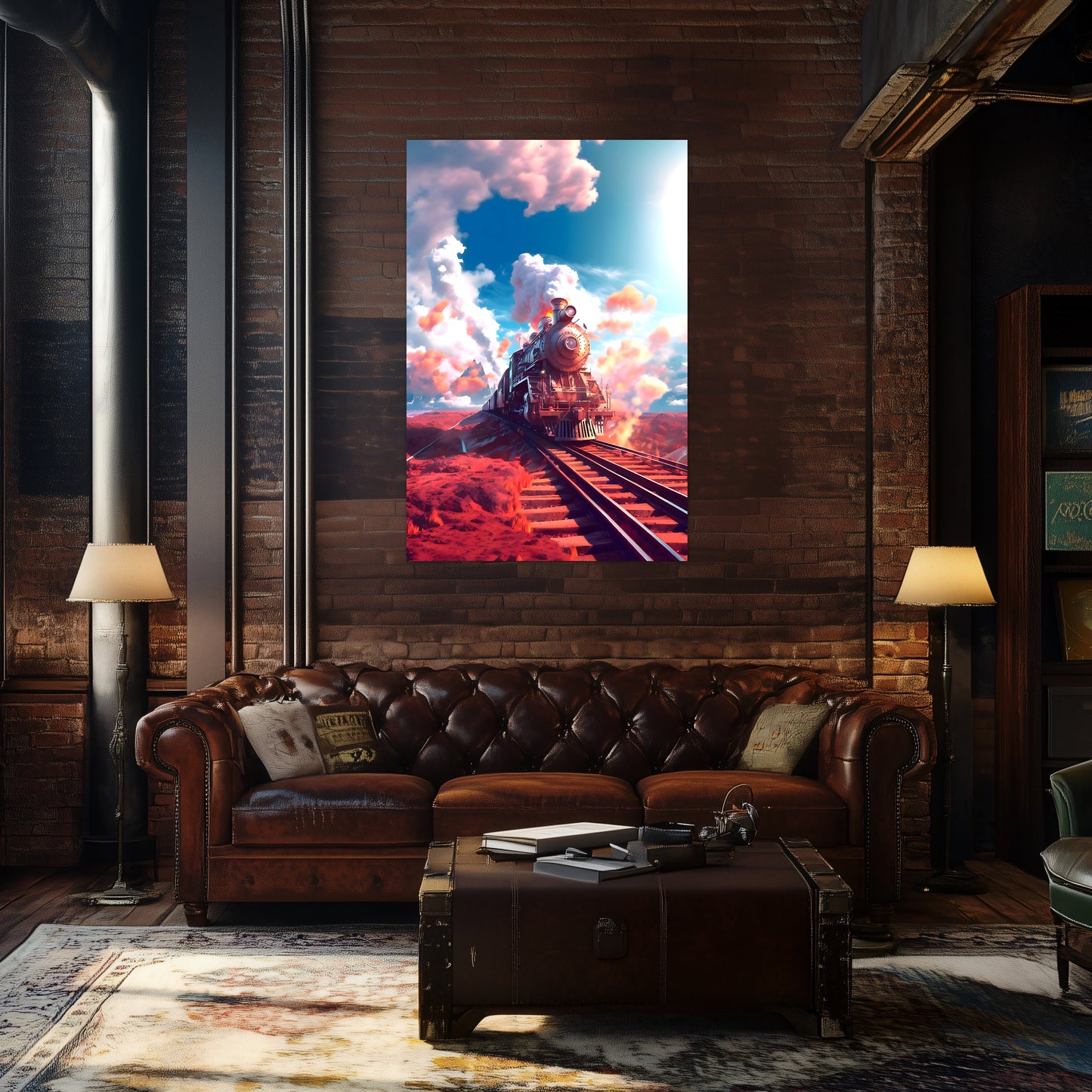 Steampunk Train Poster – Sunfire Skyliner | Awe-Inspiring Wall Art for Sci-Fi & Fantasy Train Enthusiasts | Unique and Exclusive Artwork