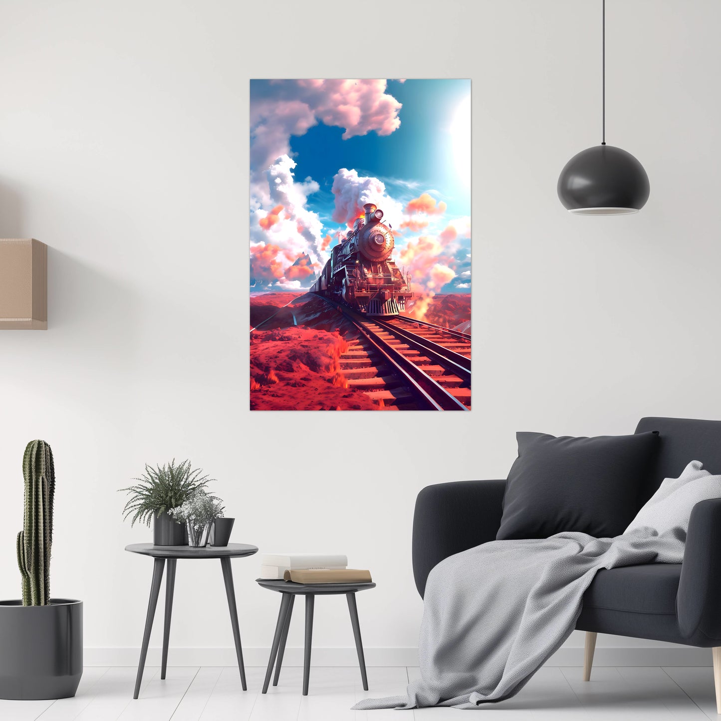 Steampunk Train Poster – Sunfire Skyliner | Awe-Inspiring Wall Art for Sci-Fi & Fantasy Train Enthusiasts | Unique and Exclusive Artwork