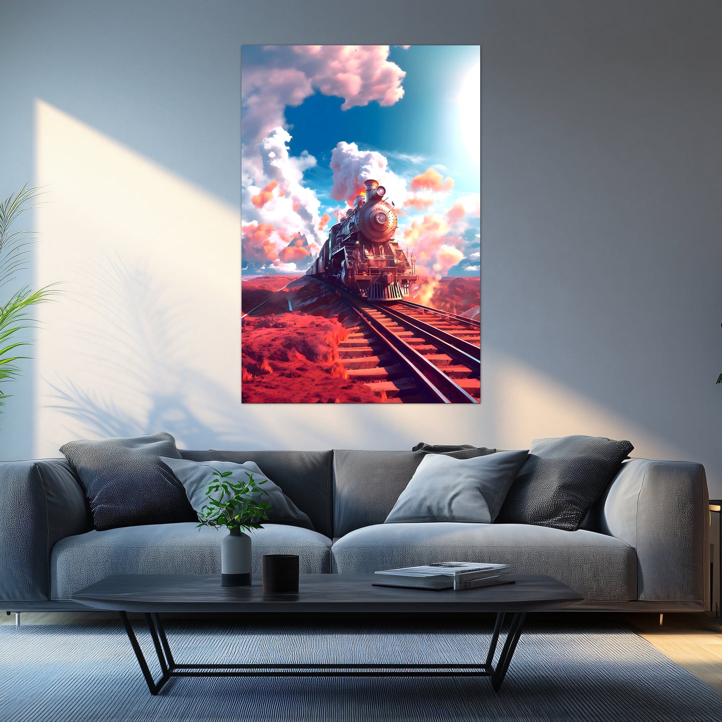 Steampunk Train Poster – Sunfire Skyliner | Awe-Inspiring Wall Art for Sci-Fi & Fantasy Train Enthusiasts | Unique and Exclusive Artwork