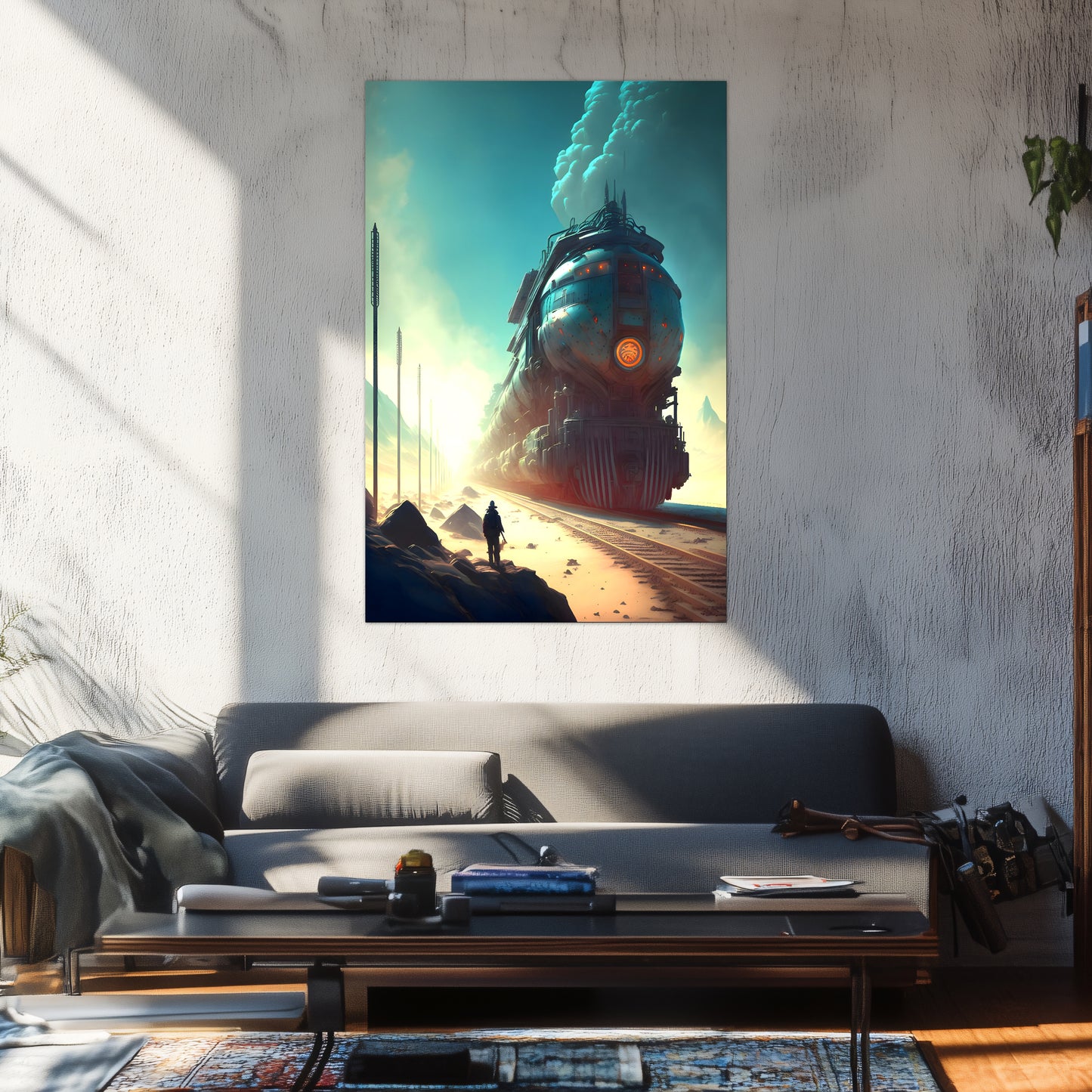 Wasteland Train Poster – Dunestorm Thunderwaker | Awe-Inspiring Wall Art for Sci-Fi & Fantasy Train Enthusiasts | Unique and Exclusive Artwork