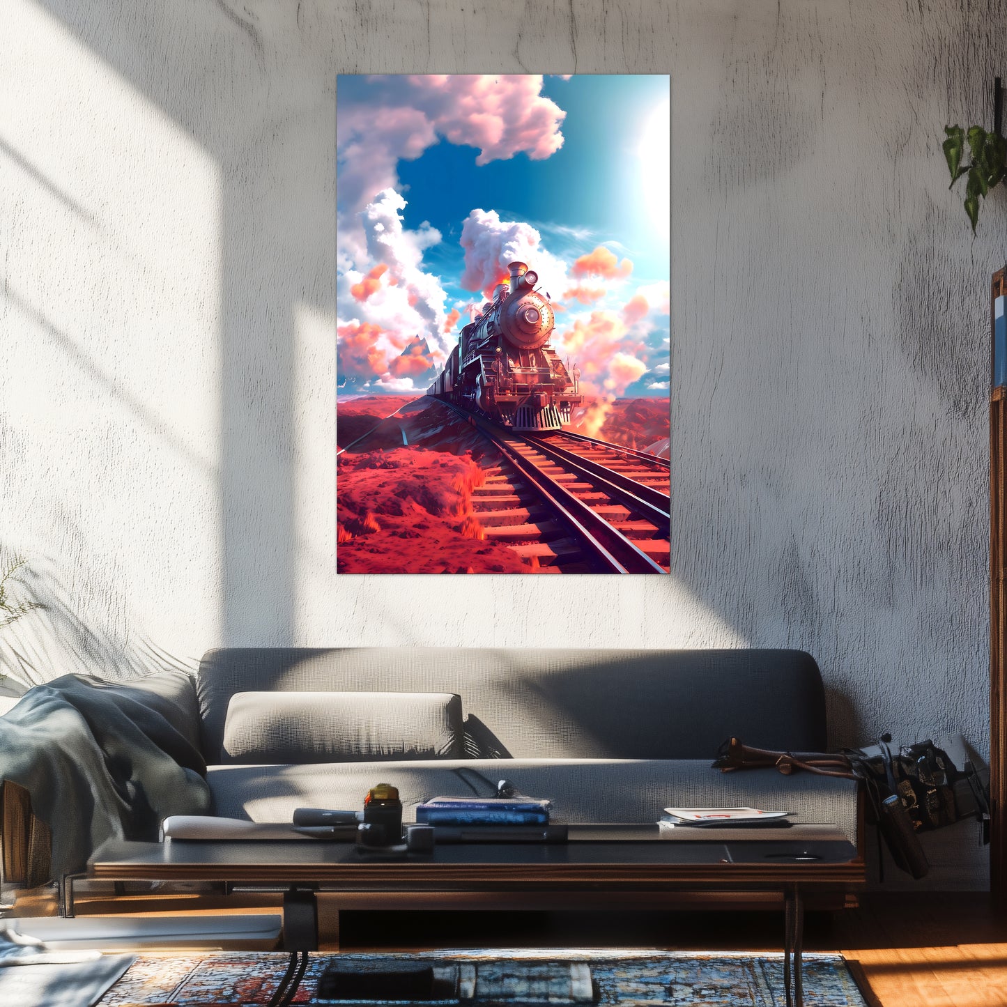 Steampunk Train Poster – Sunfire Skyliner | Awe-Inspiring Wall Art for Sci-Fi & Fantasy Train Enthusiasts | Unique and Exclusive Artwork