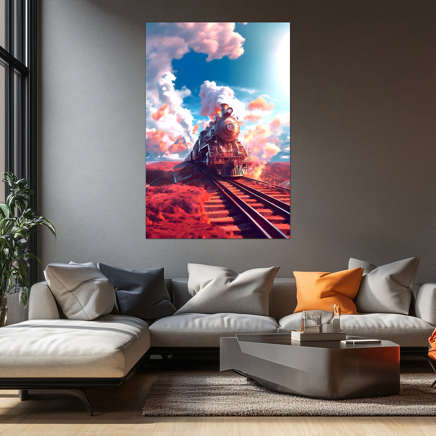 Steampunk Train Poster – Sunfire Skyliner | Awe-Inspiring Wall Art for Sci-Fi & Fantasy Train Enthusiasts | Unique and Exclusive Artwork