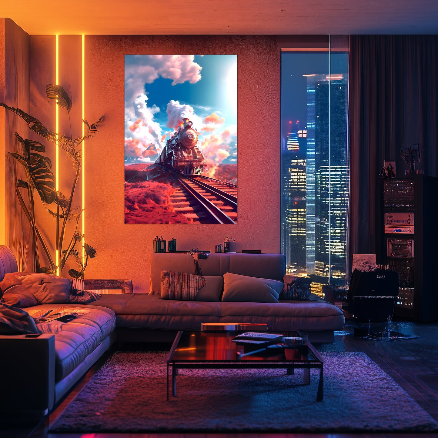 Steampunk Train Poster – Sunfire Skyliner | Awe-Inspiring Wall Art for Sci-Fi & Fantasy Train Enthusiasts | Unique and Exclusive Artwork
