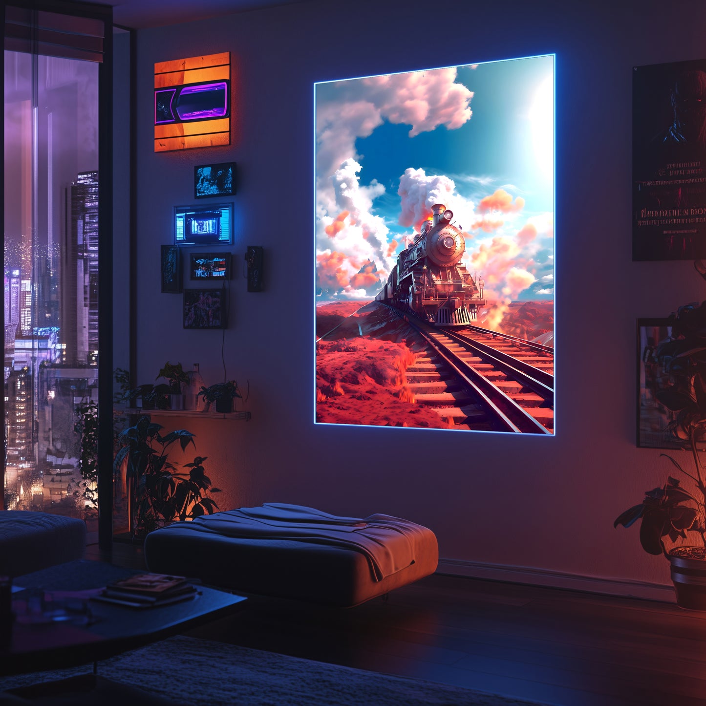 Steampunk Train Poster – Sunfire Skyliner | Awe-Inspiring Wall Art for Sci-Fi & Fantasy Train Enthusiasts | Unique and Exclusive Artwork