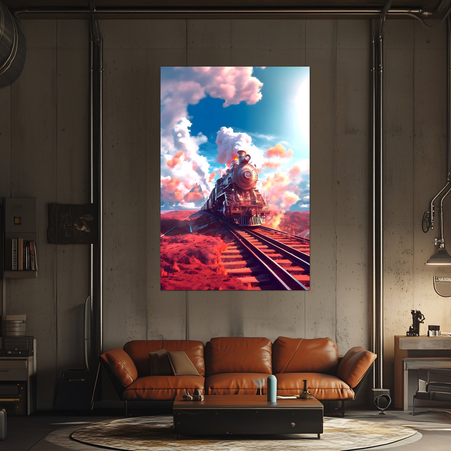 Steampunk Train Poster – Sunfire Skyliner | Awe-Inspiring Wall Art for Sci-Fi & Fantasy Train Enthusiasts | Unique and Exclusive Artwork