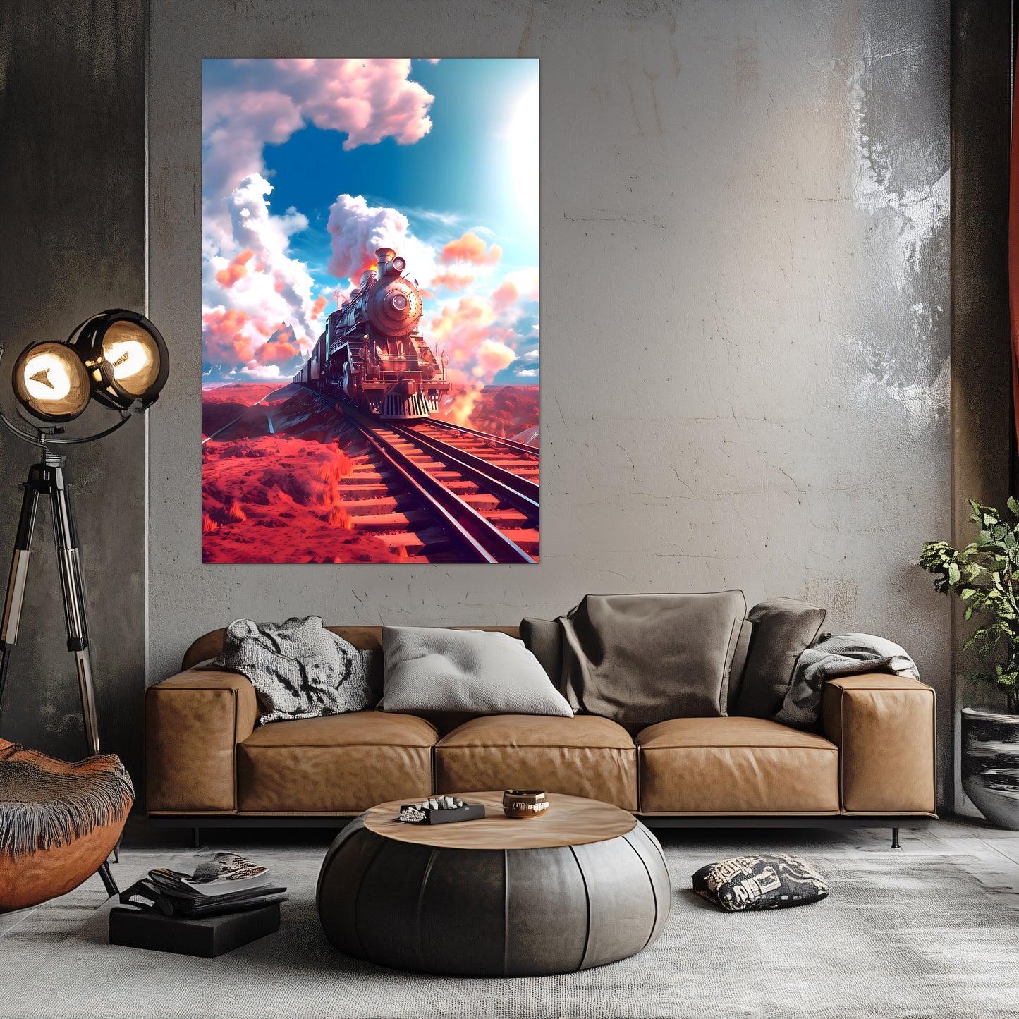 Steampunk Train Poster – Sunfire Skyliner | Awe-Inspiring Wall Art for Sci-Fi & Fantasy Train Enthusiasts | Unique and Exclusive Artwork