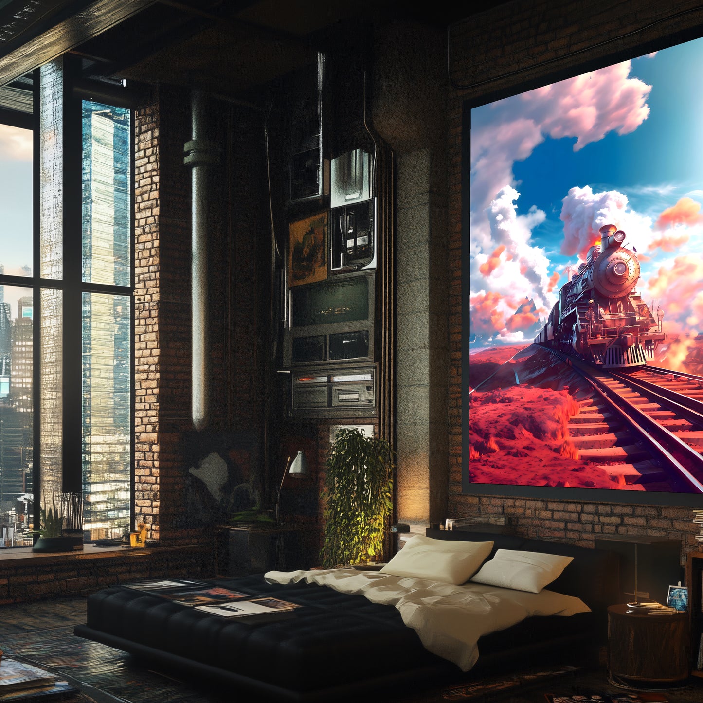 Steampunk Train Poster – Sunfire Skyliner | Awe-Inspiring Wall Art for Sci-Fi & Fantasy Train Enthusiasts | Unique and Exclusive Artwork