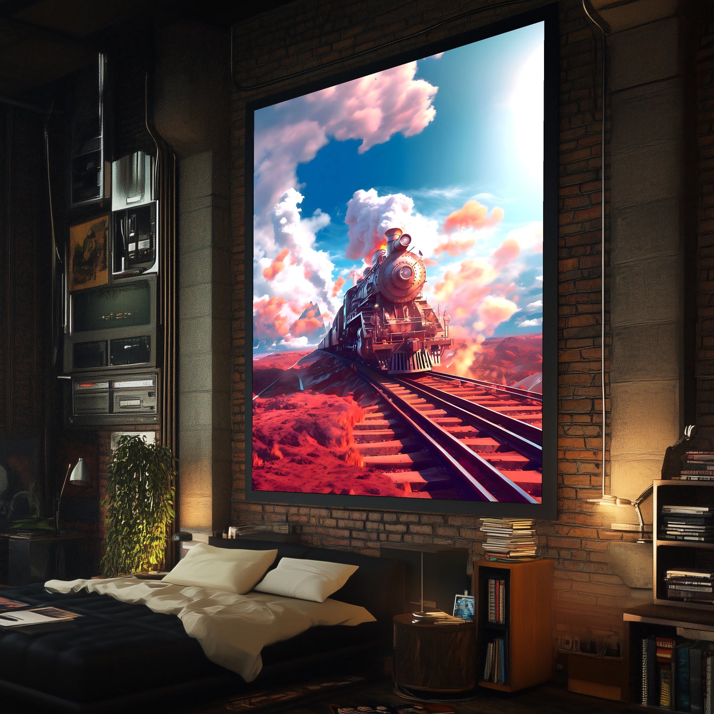 Steampunk Train Poster – Sunfire Skyliner | Awe-Inspiring Wall Art for Sci-Fi & Fantasy Train Enthusiasts | Unique and Exclusive Artwork