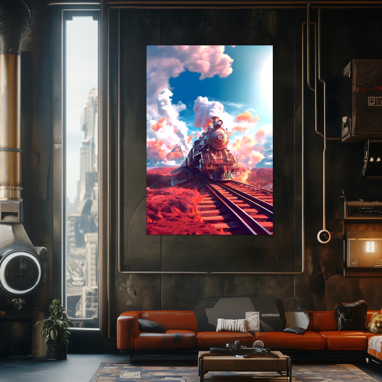 Steampunk Train Poster – Sunfire Skyliner | Awe-Inspiring Wall Art for Sci-Fi & Fantasy Train Enthusiasts | Unique and Exclusive Artwork