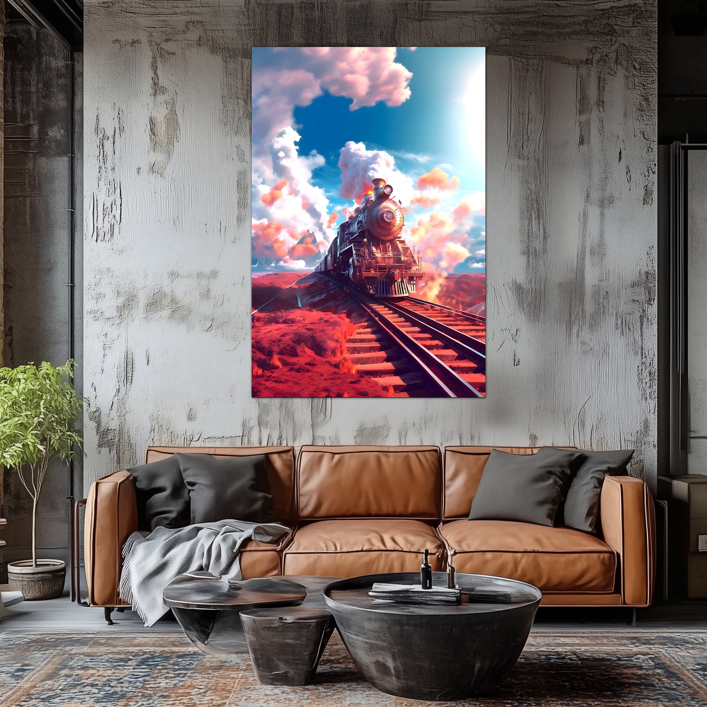 Steampunk Train Poster – Sunfire Skyliner | Awe-Inspiring Wall Art for Sci-Fi & Fantasy Train Enthusiasts | Unique and Exclusive Artwork