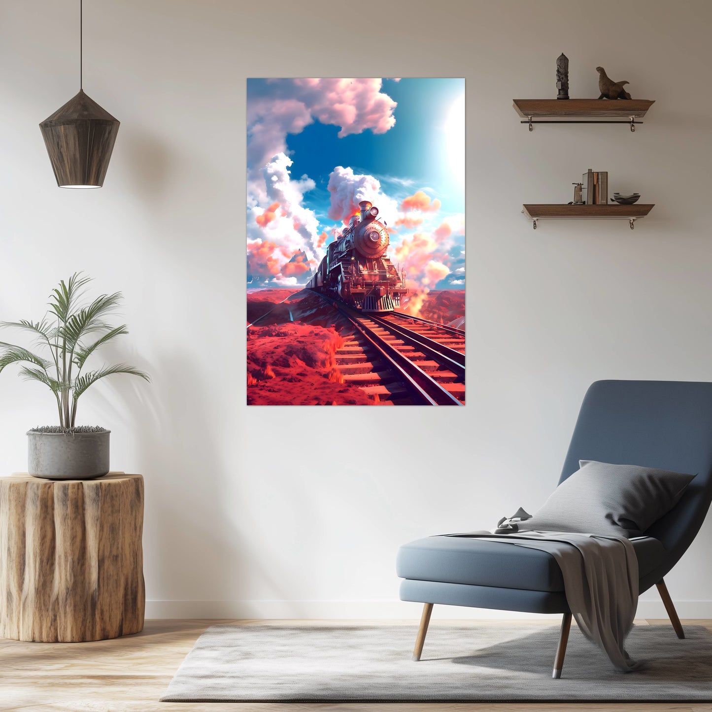 Steampunk Train Poster – Sunfire Skyliner | Awe-Inspiring Wall Art for Sci-Fi & Fantasy Train Enthusiasts | Unique and Exclusive Artwork