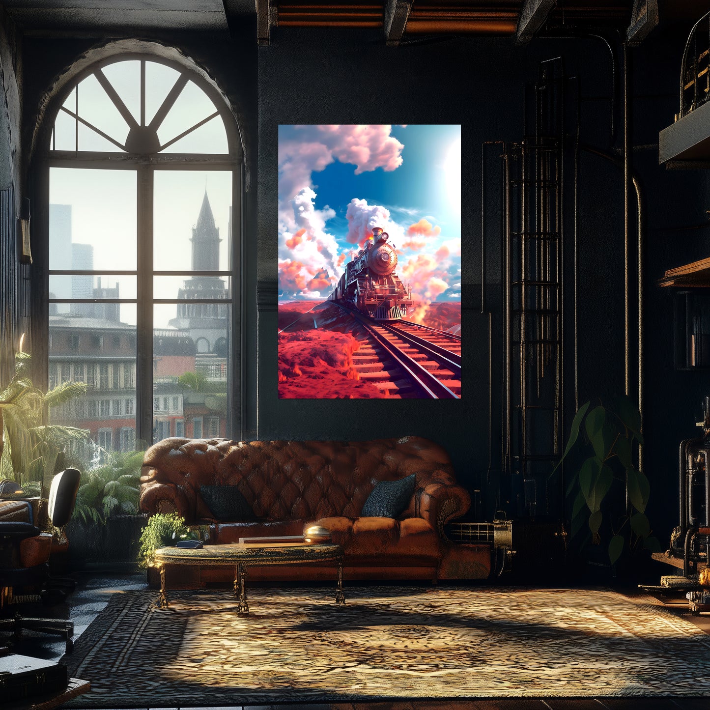 Steampunk Train Poster – Sunfire Skyliner | Awe-Inspiring Wall Art for Sci-Fi & Fantasy Train Enthusiasts | Unique and Exclusive Artwork