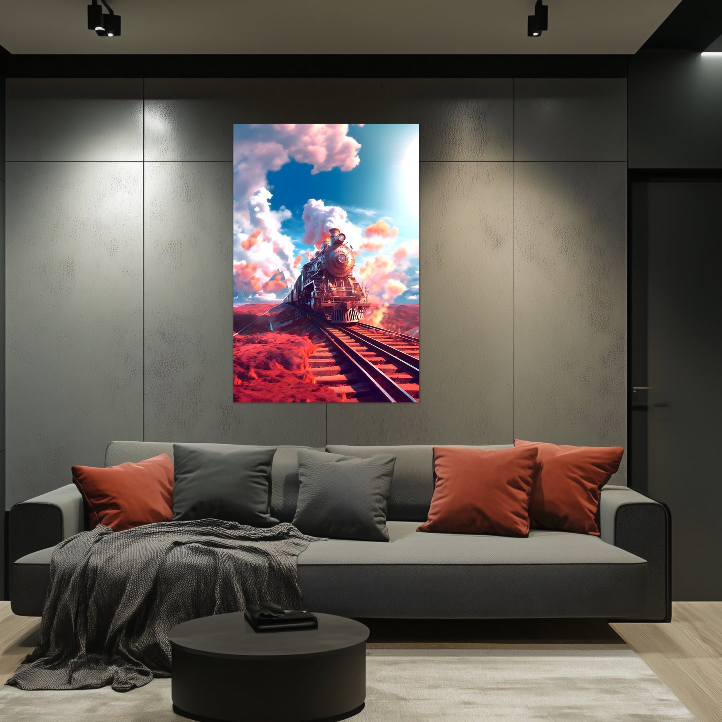 Steampunk Train Poster – Sunfire Skyliner | Awe-Inspiring Wall Art for Sci-Fi & Fantasy Train Enthusiasts | Unique and Exclusive Artwork