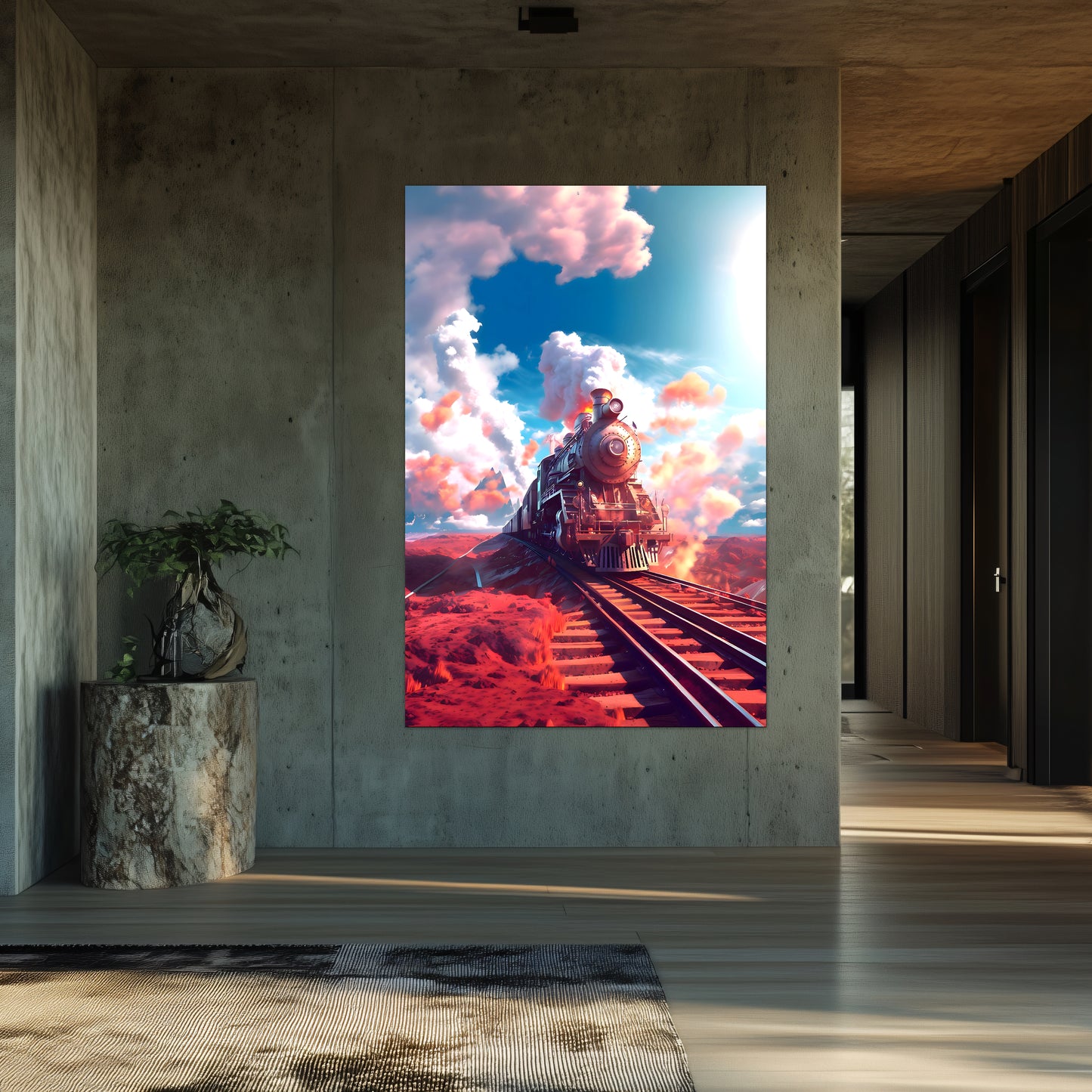 Steampunk Train Poster – Sunfire Skyliner | Awe-Inspiring Wall Art for Sci-Fi & Fantasy Train Enthusiasts | Unique and Exclusive Artwork