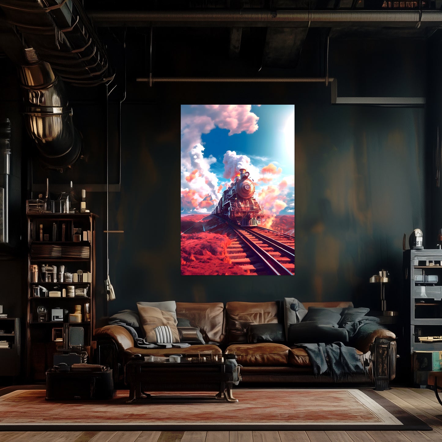 Steampunk Train Poster – Sunfire Skyliner | Awe-Inspiring Wall Art for Sci-Fi & Fantasy Train Enthusiasts | Unique and Exclusive Artwork