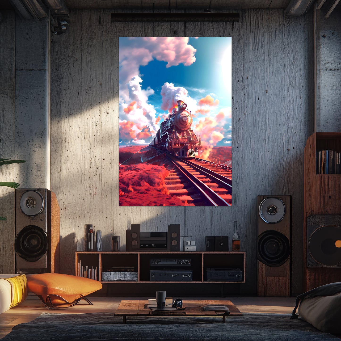 Steampunk Train Poster – Sunfire Skyliner | Awe-Inspiring Wall Art for Sci-Fi & Fantasy Train Enthusiasts | Unique and Exclusive Artwork