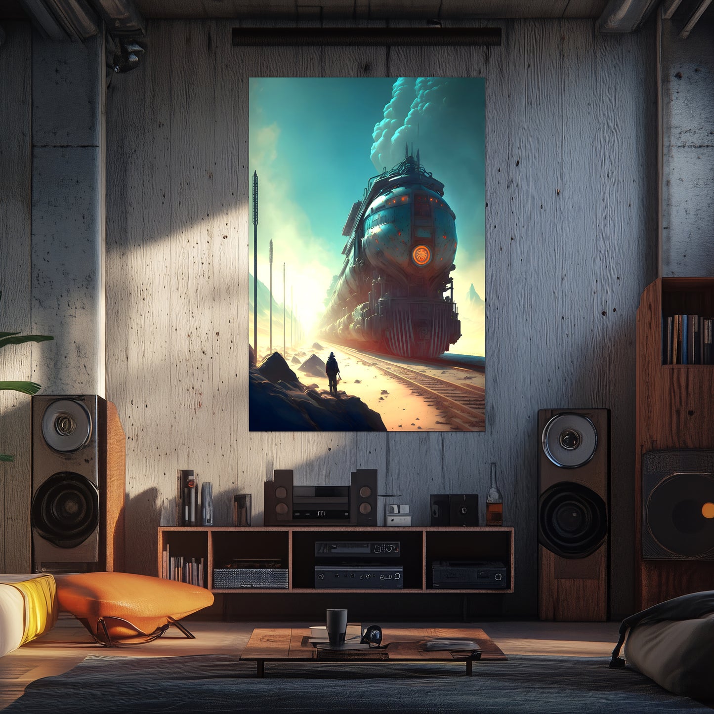 Wasteland Train Poster – Dunestorm Thunderwaker | Awe-Inspiring Wall Art for Sci-Fi & Fantasy Train Enthusiasts | Unique and Exclusive Artwork