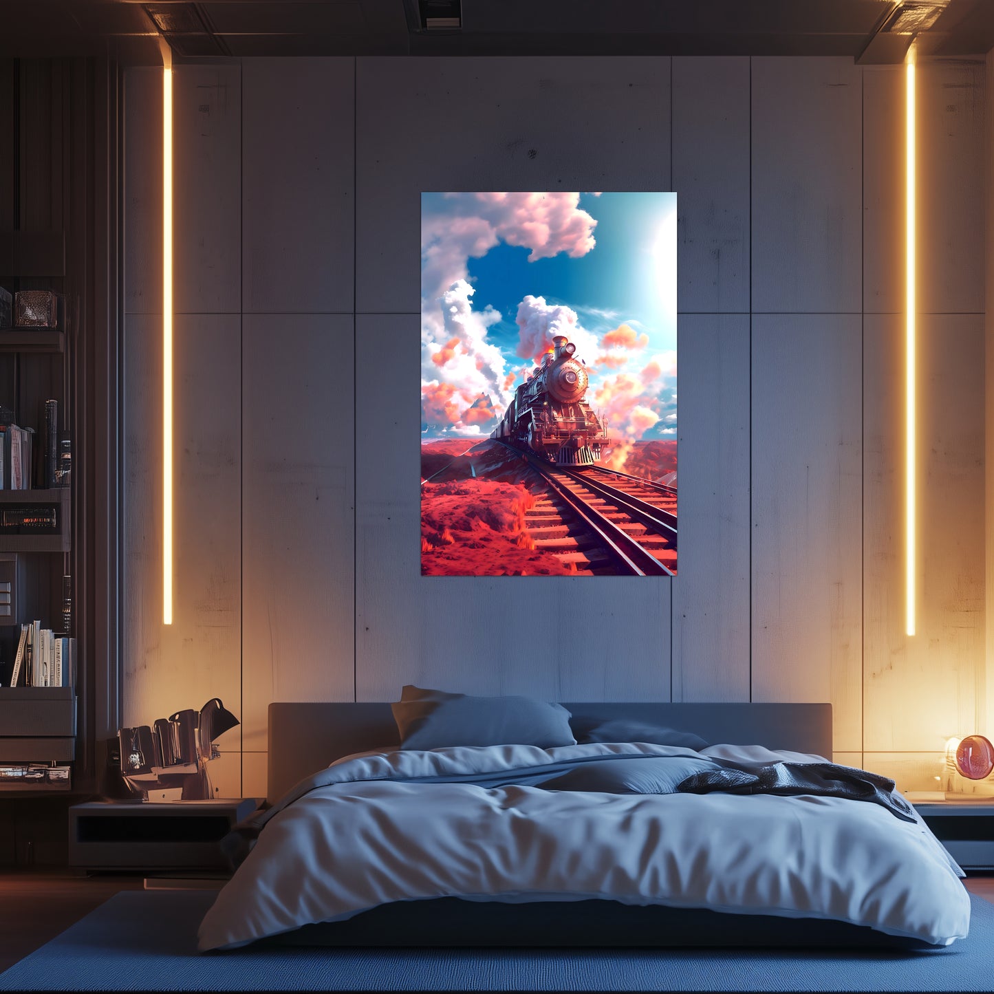 Steampunk Train Poster – Sunfire Skyliner | Awe-Inspiring Wall Art for Sci-Fi & Fantasy Train Enthusiasts | Unique and Exclusive Artwork
