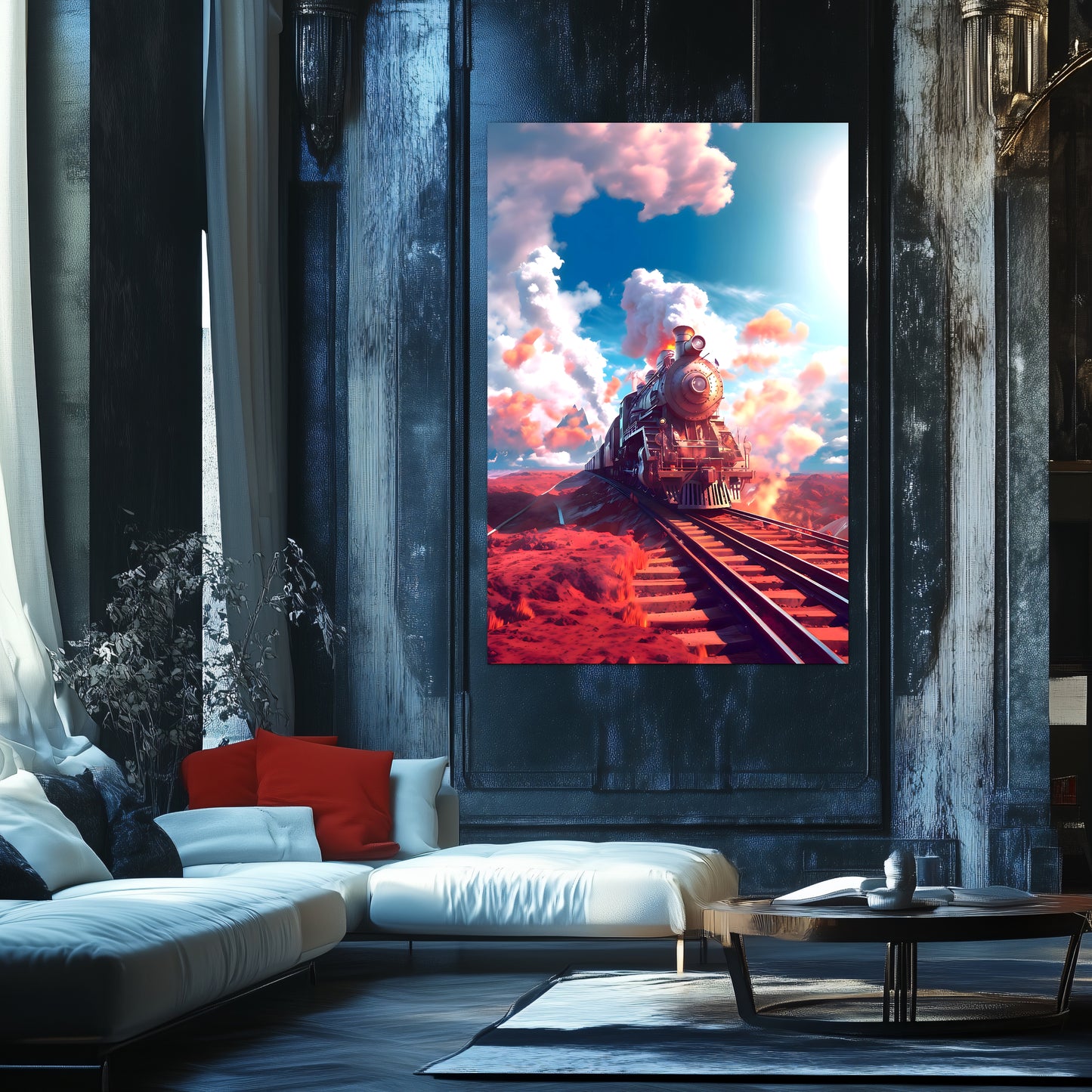 Steampunk Train Poster – Sunfire Skyliner | Awe-Inspiring Wall Art for Sci-Fi & Fantasy Train Enthusiasts | Unique and Exclusive Artwork