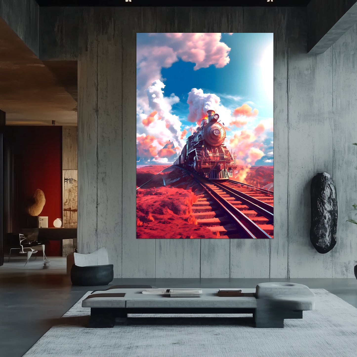 Steampunk Train Poster – Sunfire Skyliner | Awe-Inspiring Wall Art for Sci-Fi & Fantasy Train Enthusiasts | Unique and Exclusive Artwork
