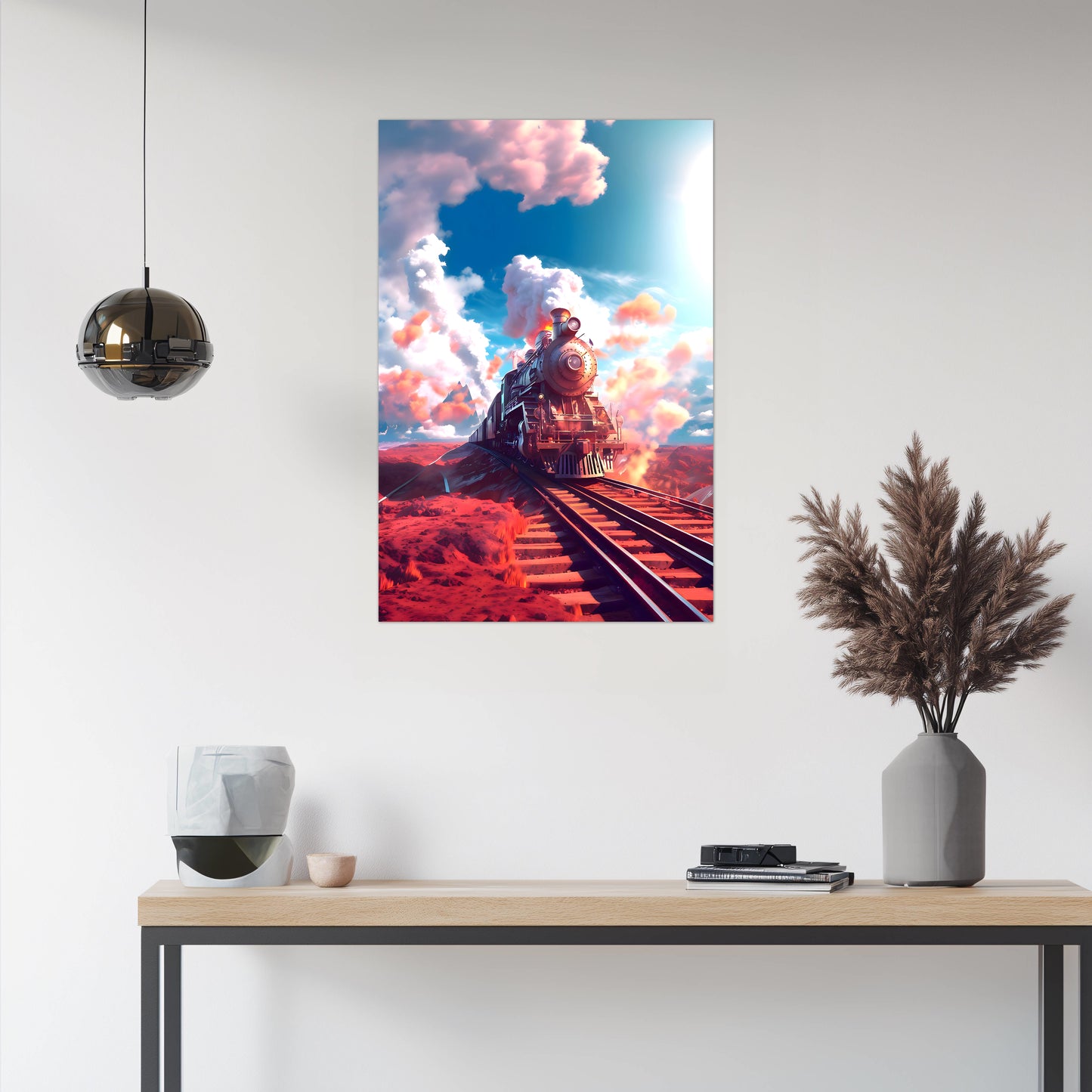 Steampunk Train Poster – Sunfire Skyliner | Awe-Inspiring Wall Art for Sci-Fi & Fantasy Train Enthusiasts | Unique and Exclusive Artwork
