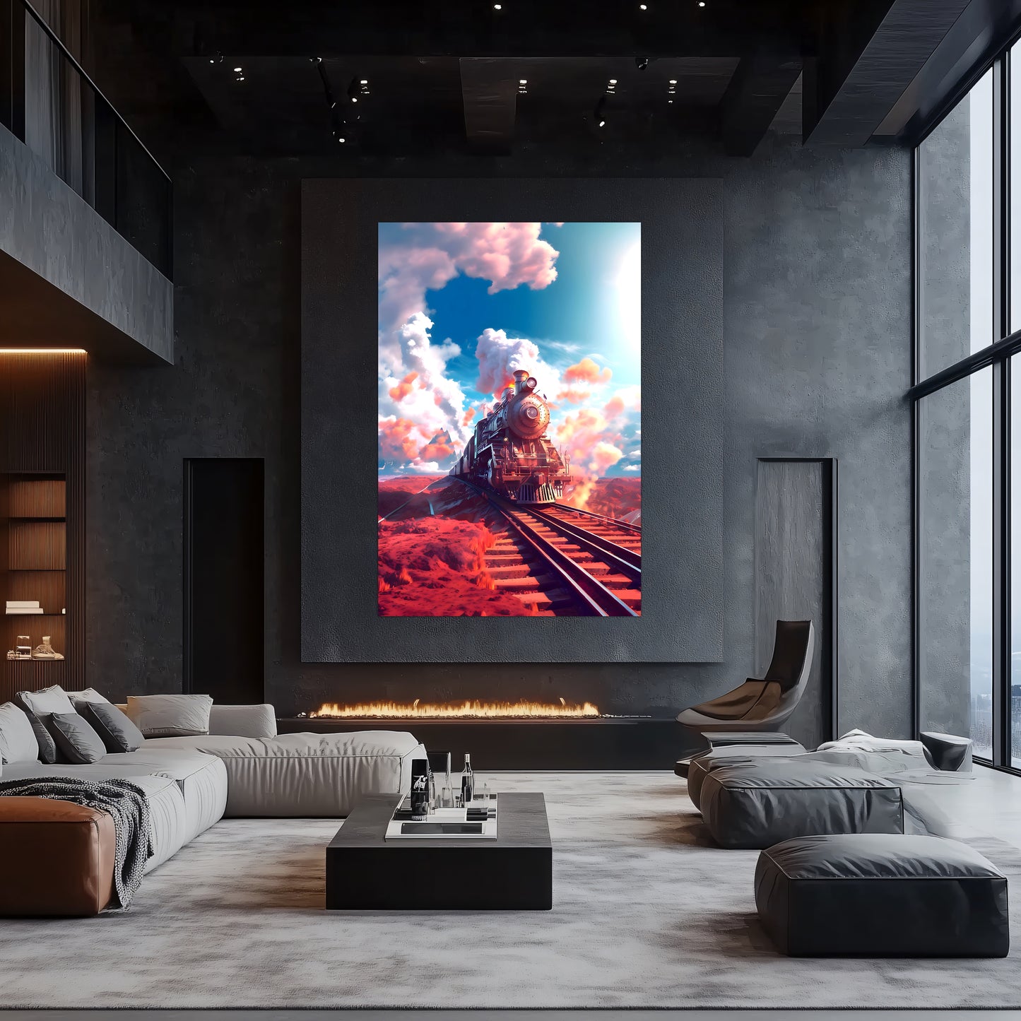 Steampunk Train Poster – Sunfire Skyliner | Awe-Inspiring Wall Art for Sci-Fi & Fantasy Train Enthusiasts | Unique and Exclusive Artwork