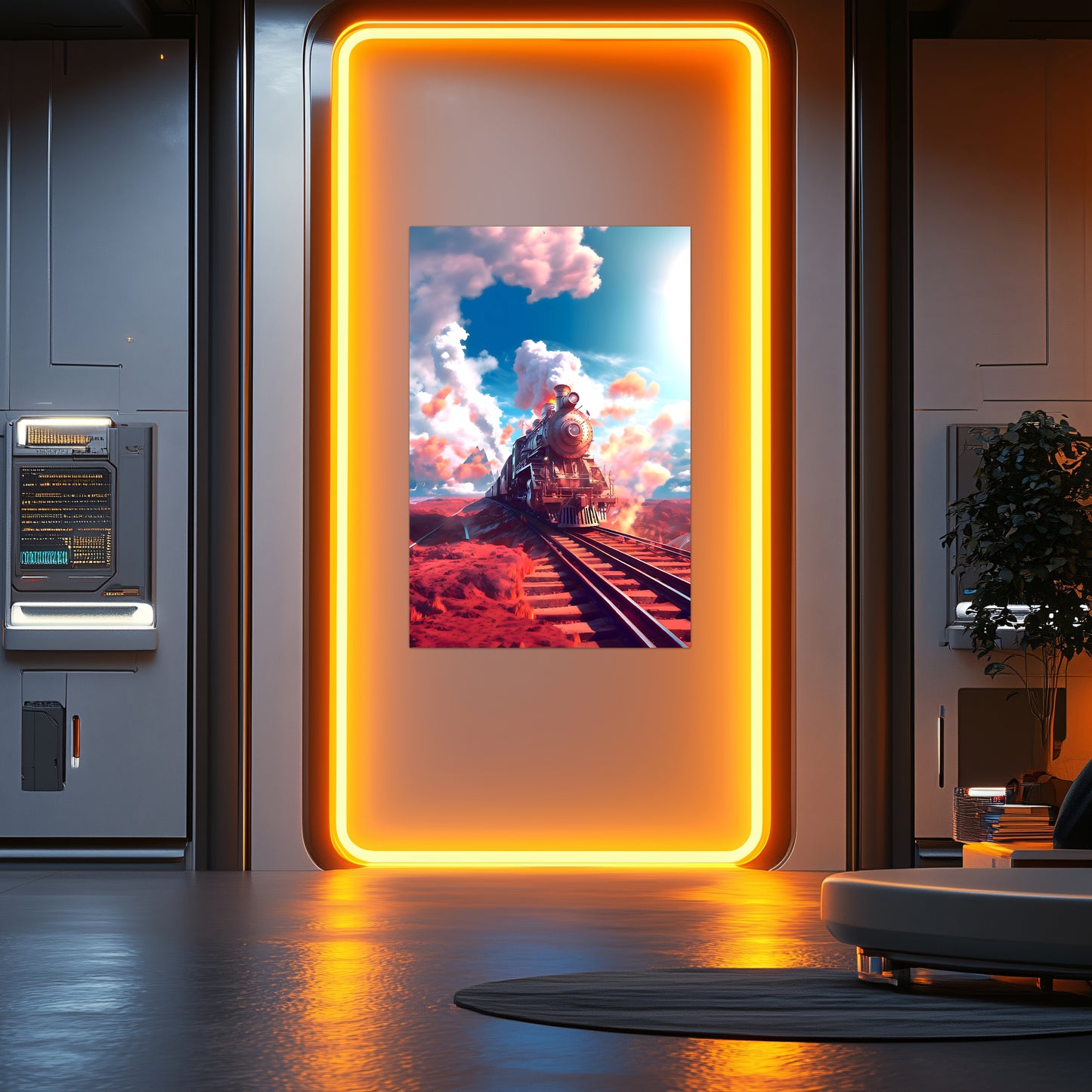 Steampunk Train Poster – Sunfire Skyliner | Awe-Inspiring Wall Art for Sci-Fi & Fantasy Train Enthusiasts | Unique and Exclusive Artwork