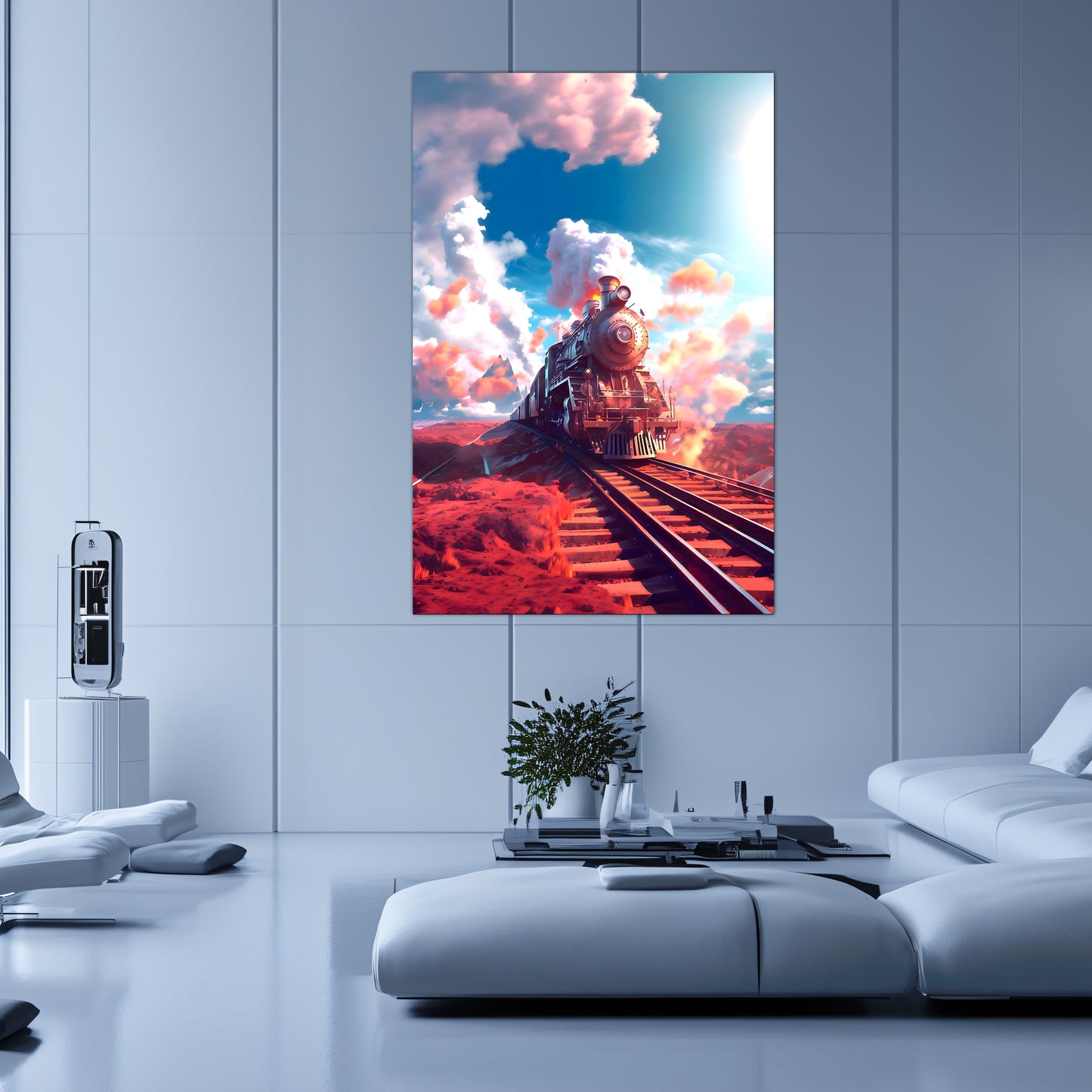 Steampunk Train Poster – Sunfire Skyliner | Awe-Inspiring Wall Art for Sci-Fi & Fantasy Train Enthusiasts | Unique and Exclusive Artwork
