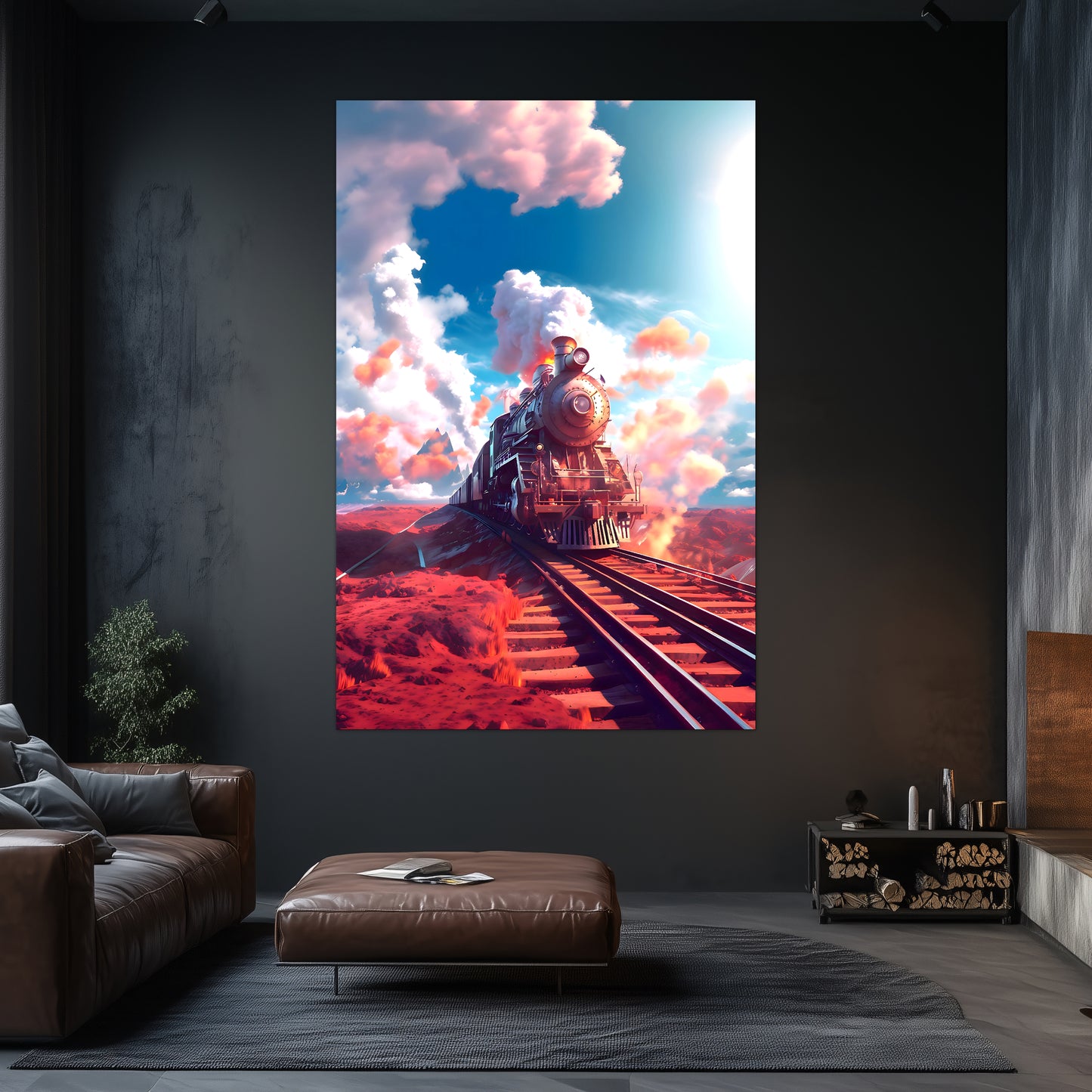 Steampunk Train Poster – Sunfire Skyliner | Awe-Inspiring Wall Art for Sci-Fi & Fantasy Train Enthusiasts | Unique and Exclusive Artwork