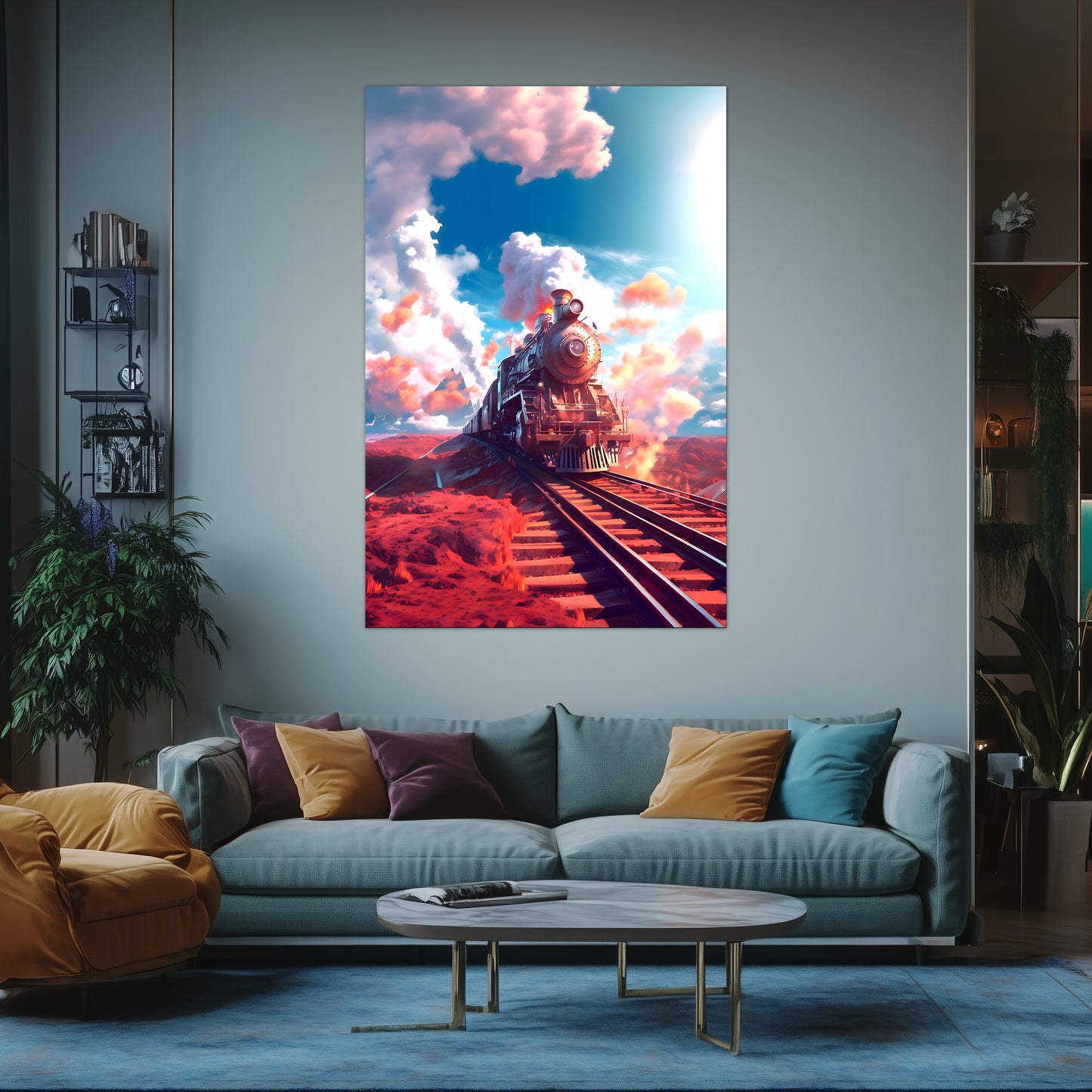 Steampunk Train Poster – Sunfire Skyliner | Awe-Inspiring Wall Art for Sci-Fi & Fantasy Train Enthusiasts | Unique and Exclusive Artwork