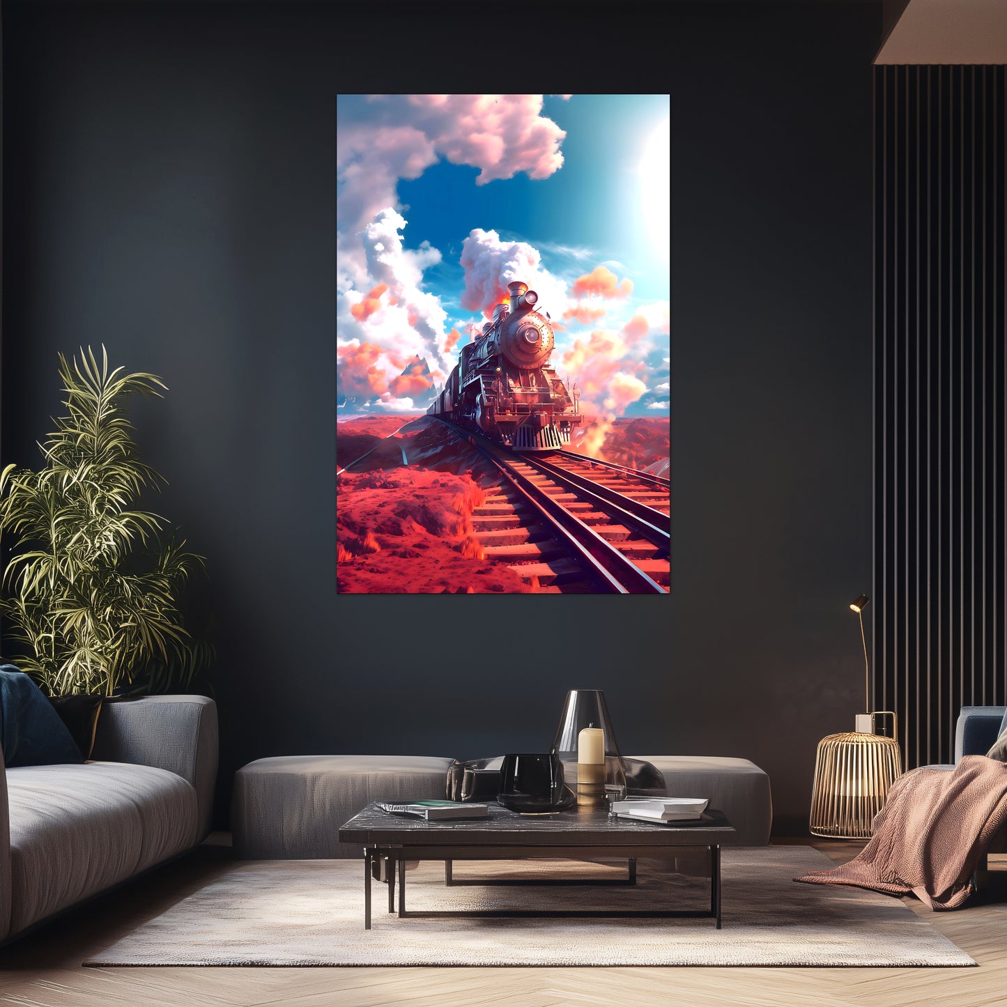 Steampunk Train Poster – Sunfire Skyliner | Awe-Inspiring Wall Art for Sci-Fi & Fantasy Train Enthusiasts | Unique and Exclusive Artwork