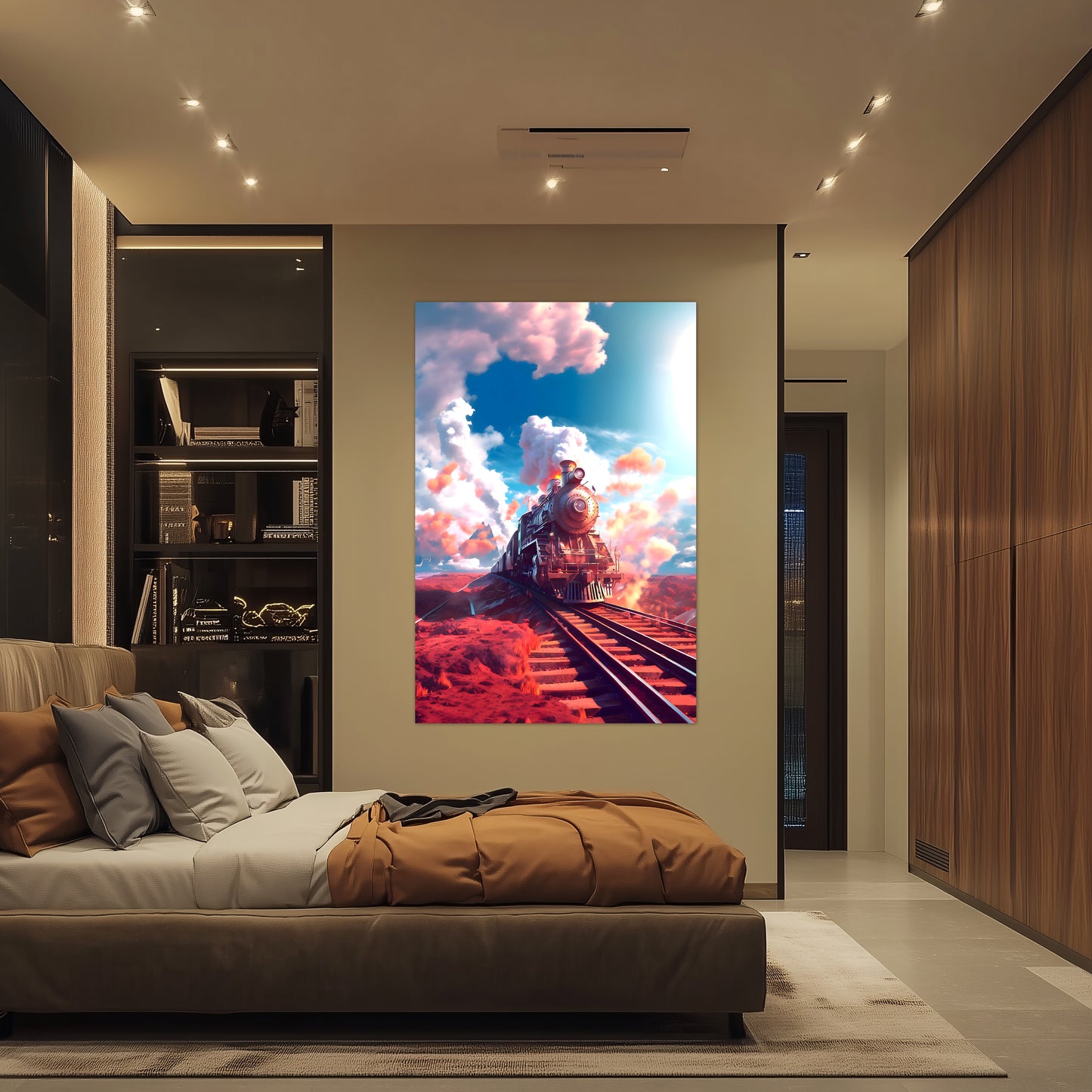 Steampunk Train Poster – Sunfire Skyliner | Awe-Inspiring Wall Art for Sci-Fi & Fantasy Train Enthusiasts | Unique and Exclusive Artwork