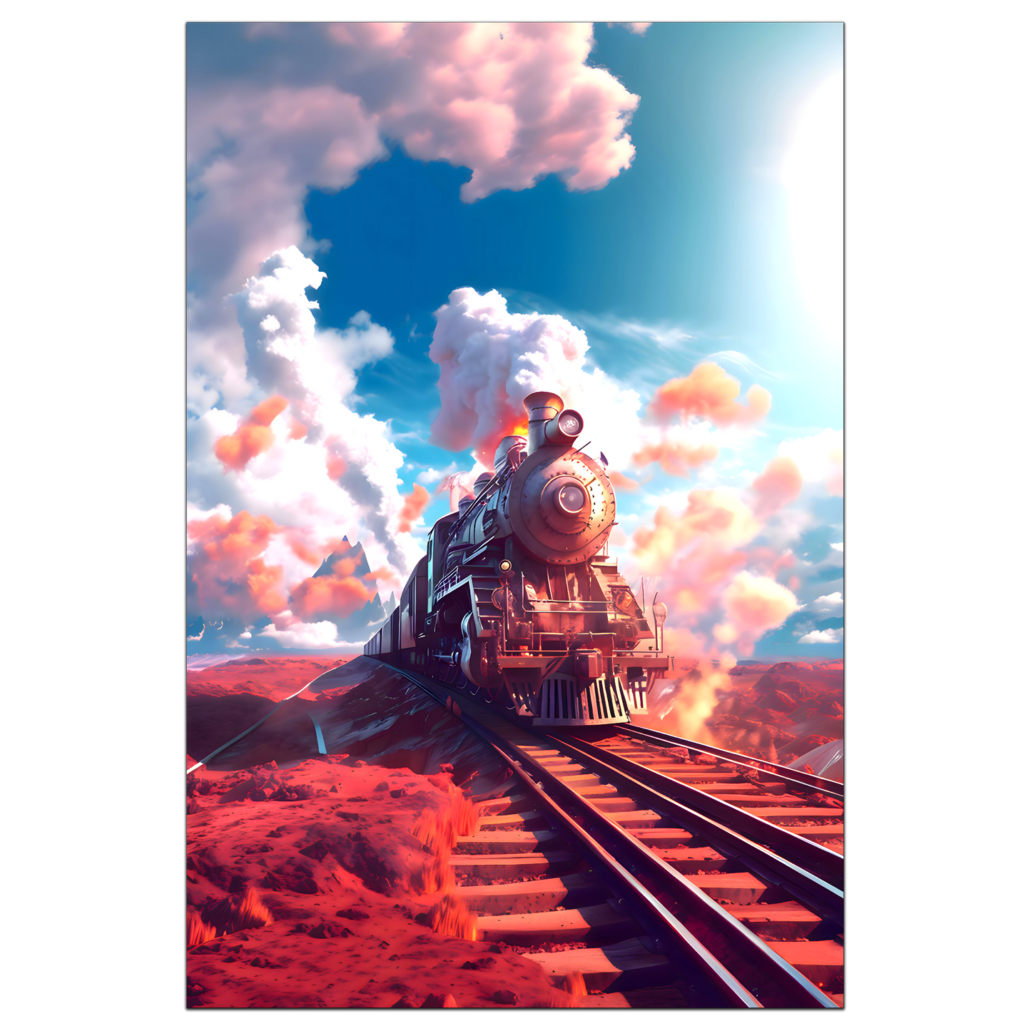 Steampunk Train Poster – Sunfire Skyliner | Awe-Inspiring Wall Art for Sci-Fi & Fantasy Train Enthusiasts | Unique and Exclusive Artwork