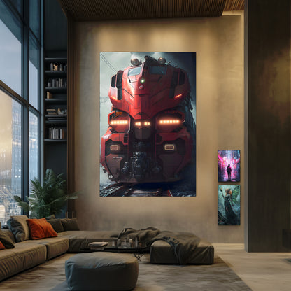 Diesel Train Poster – Crimson Thunderclad | Awe-Inspiring Wall Art for Sci-Fi & Fantasy Train Enthusiasts | Unique and Exclusive Artwork