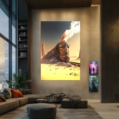 Wasteland Train Poster – The Sandpiercer | Awe-Inspiring Wall Art for Sci-Fi & Fantasy Train Enthusiasts | Unique and Exclusive Artwork