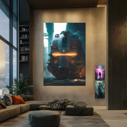 Cyberpunk Train Poster – Dreadpulse  Omnihauler | Awe-Inspiring Wall Art for Sci-Fi & Fantasy Train Enthusiasts | Unique and Exclusive Artwork