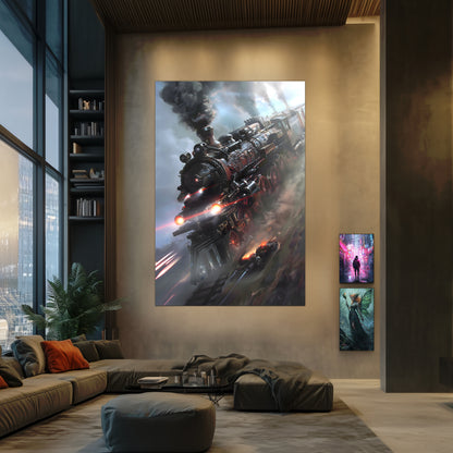 Steampunk Train Poster – Blitzfire Express | Awe-Inspiring Wall Art for Sci-Fi & Fantasy Train Enthusiasts | Unique and Exclusive Artwork