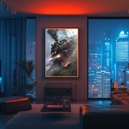 Steampunk Train Poster – Blitzfire Express | Awe-Inspiring Wall Art for Sci-Fi & Fantasy Train Enthusiasts | Unique and Exclusive Artwork