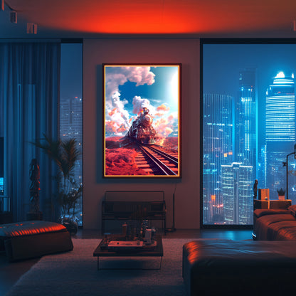 Steampunk Train Poster – Sunfire Skyliner | Awe-Inspiring Wall Art for Sci-Fi & Fantasy Train Enthusiasts | Unique and Exclusive Artwork