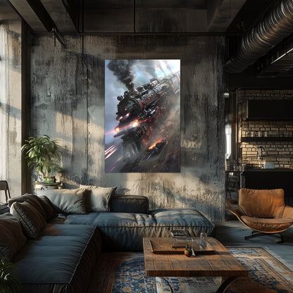 Steampunk Train Poster – Blitzfire Express | Awe-Inspiring Wall Art for Sci-Fi & Fantasy Train Enthusiasts | Unique and Exclusive Artwork