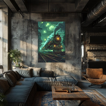 Fantasy Train Poster – The Emerald Phantom | Awe-Inspiring Wall Art for Sci-Fi & Fantasy Train Enthusiasts | Unique and Exclusive Artwork